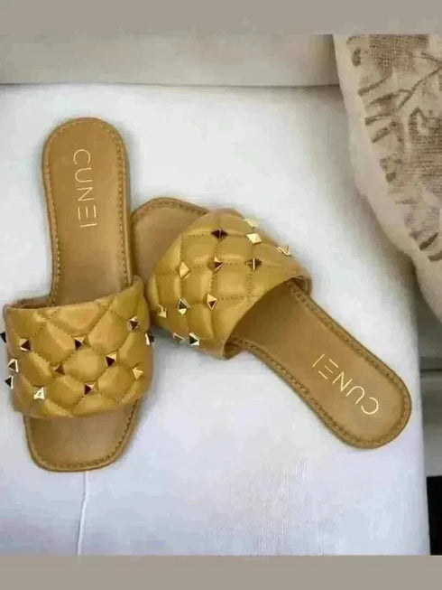 Tan Studded Flats - cunei